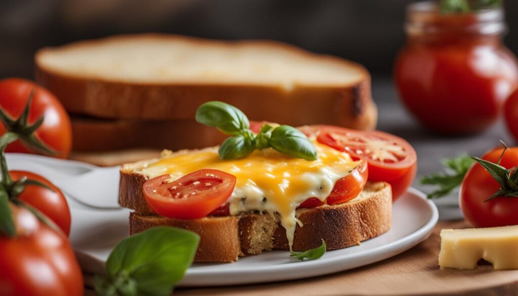 roti panggang dengan topping keju dan tomat